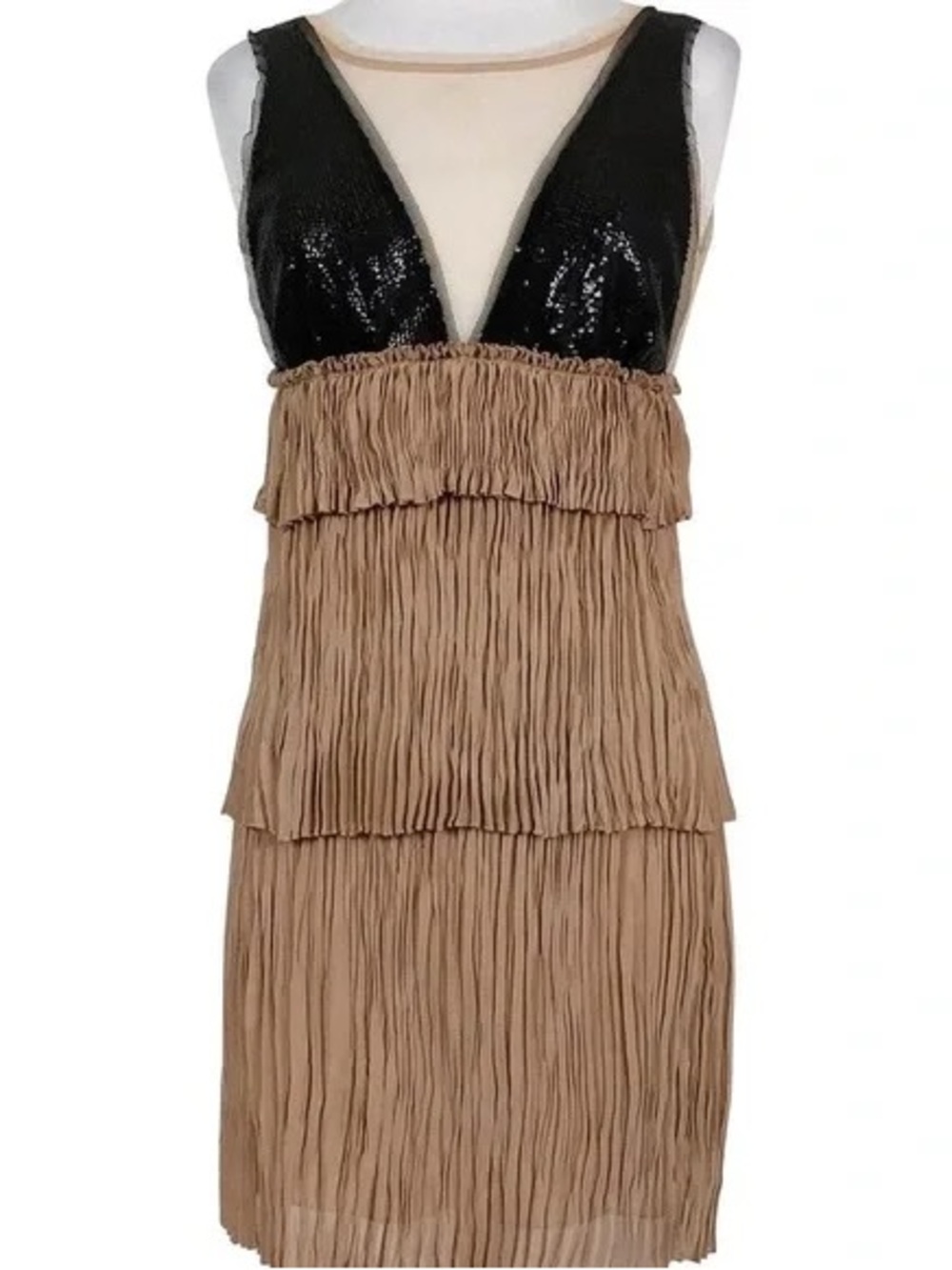 BCBGMaxAzria Black and Taupe Averil Layered Fringe Mini Dress, size M